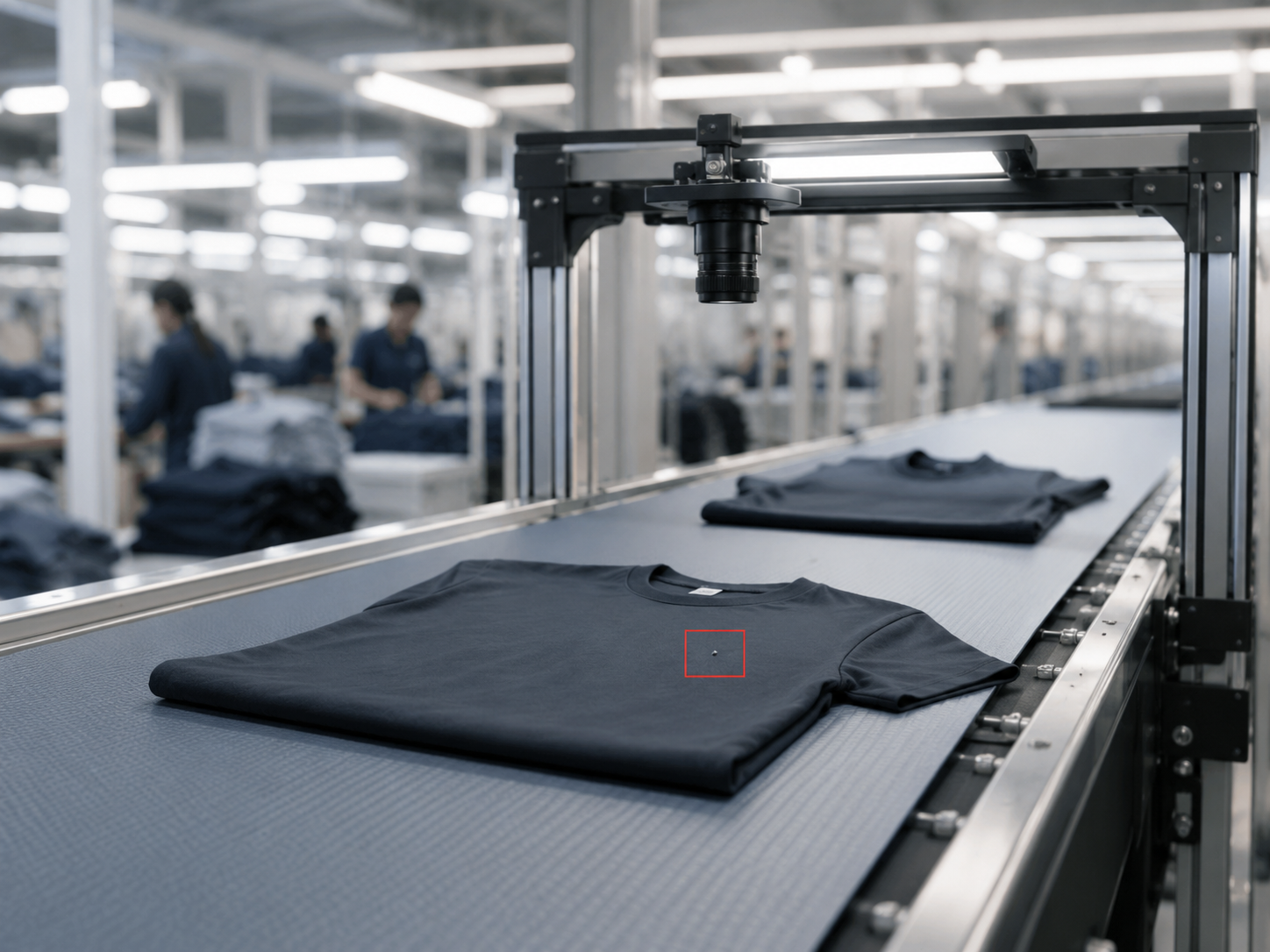 Garments passing through a camera-based AI quality inspection line