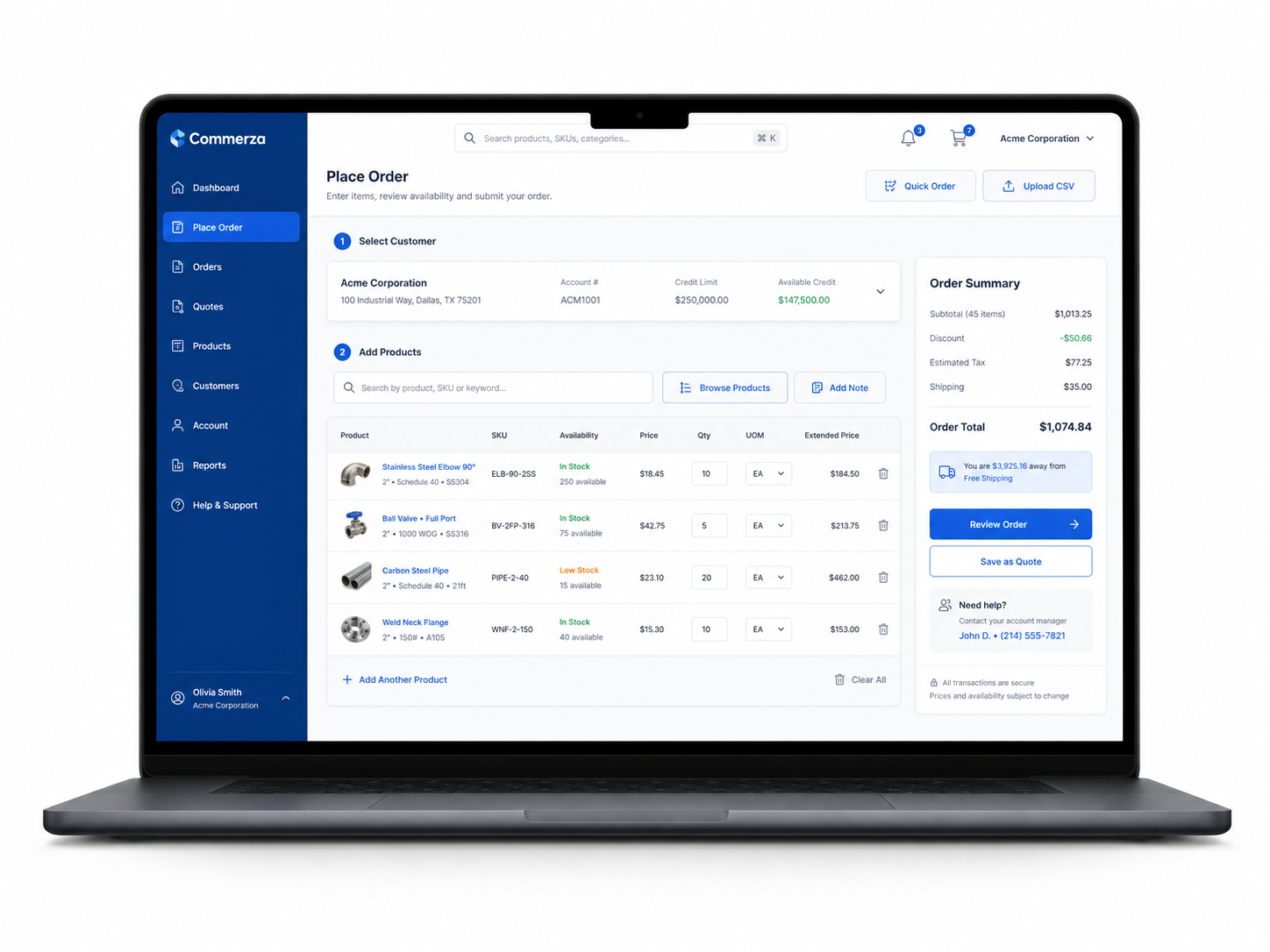 Commerza B2B ordering portal displayed on a laptop