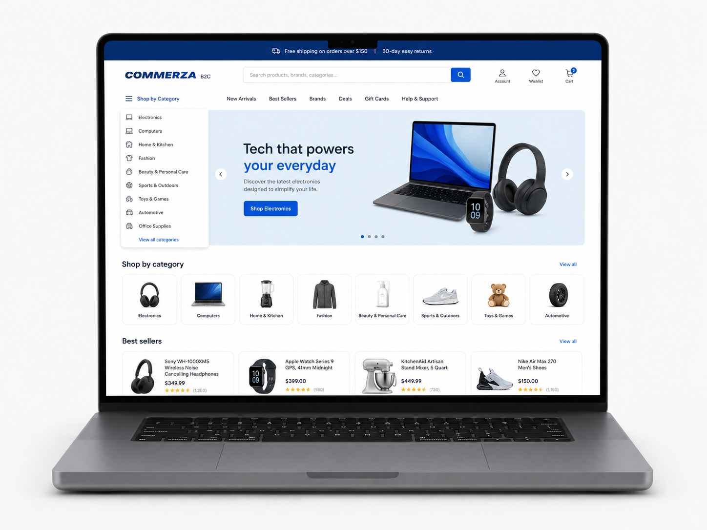 Commerza B2C storefront displayed on a laptop
