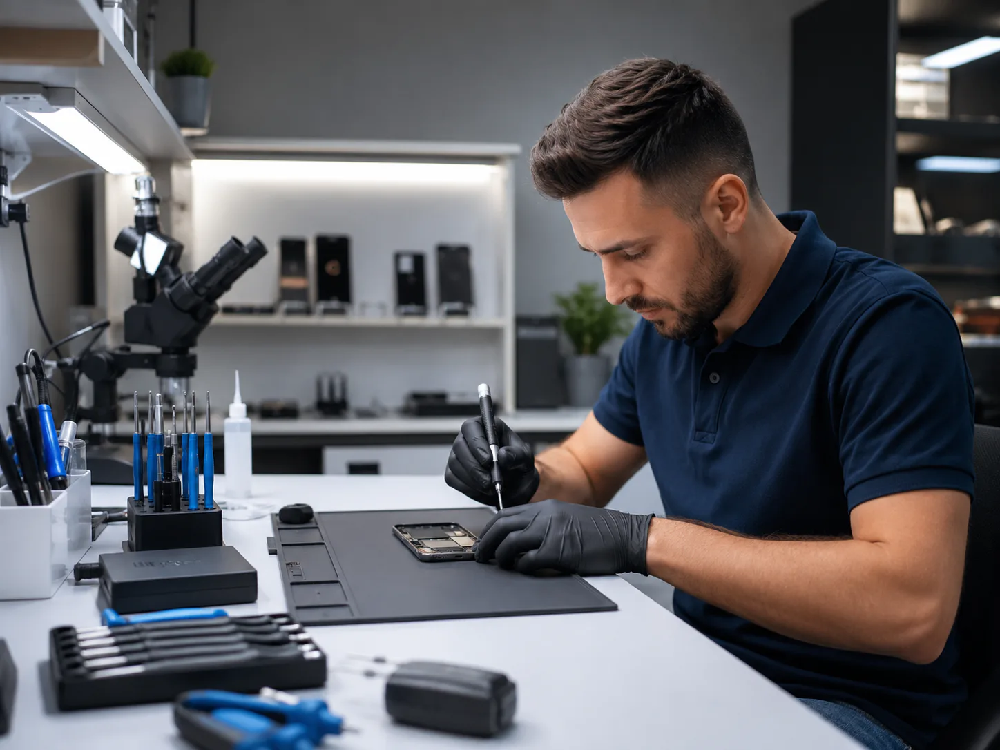 Technician repairing a mobile device at a service desk