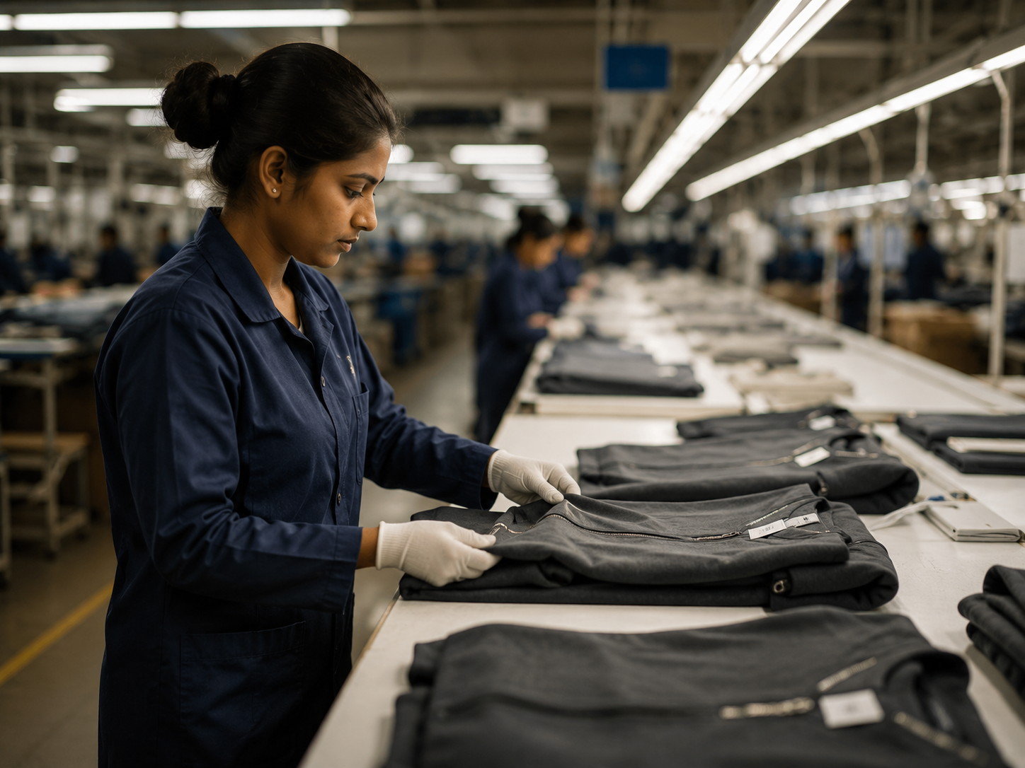 Quality inspector reviewing garments at the end of a production line