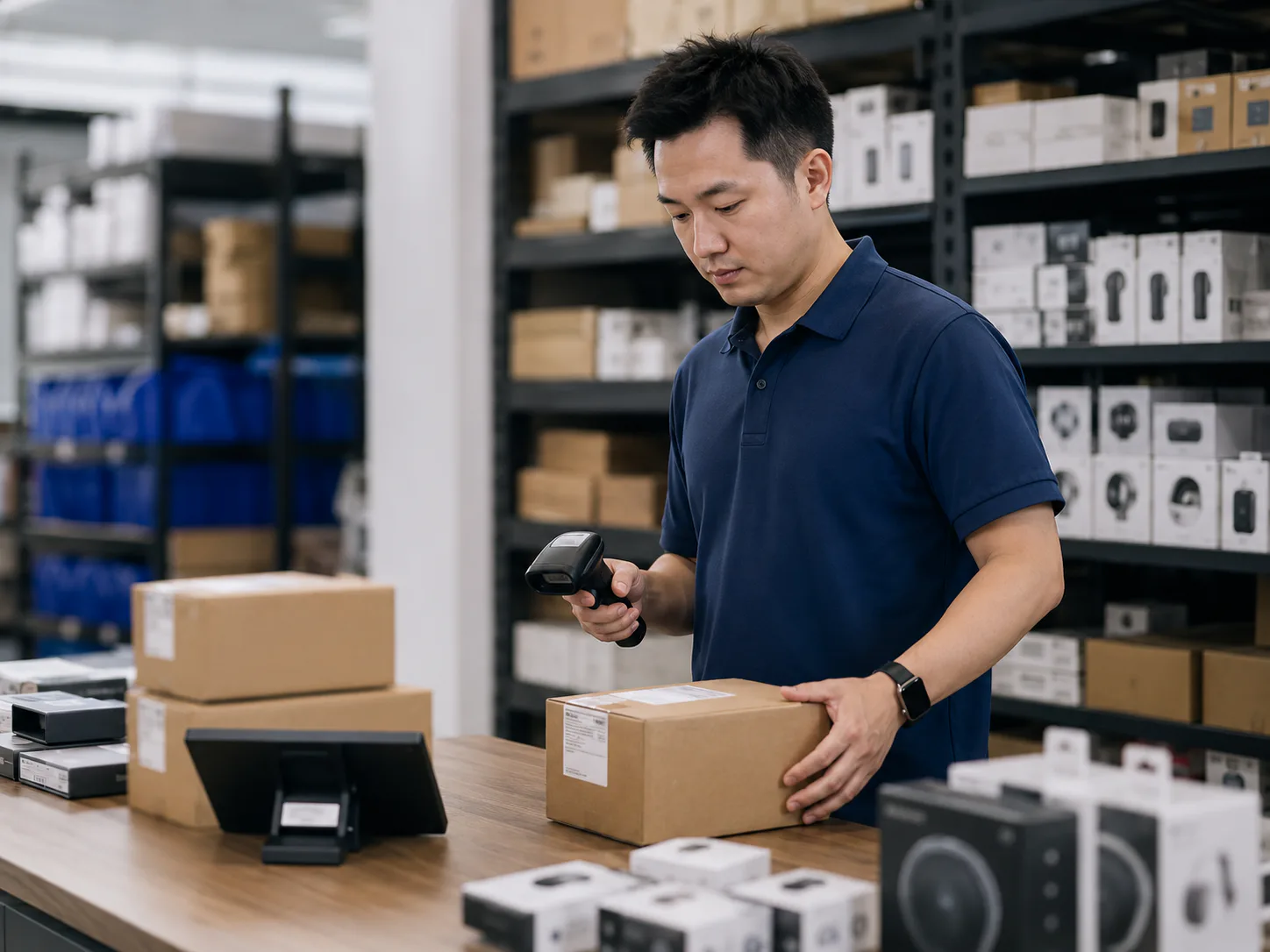 Store employee scanning a parcel during an inventory transfer