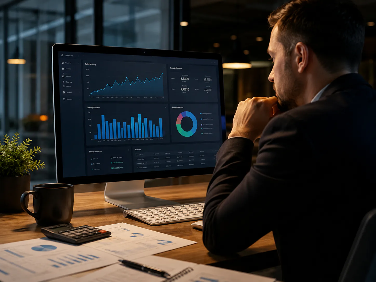 Operations manager reviewing business analytics and reports