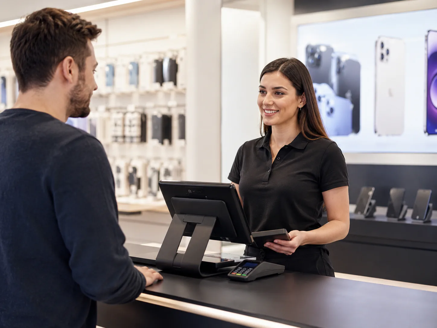 Retail employee serving a customer at a modern point-of-sale counter