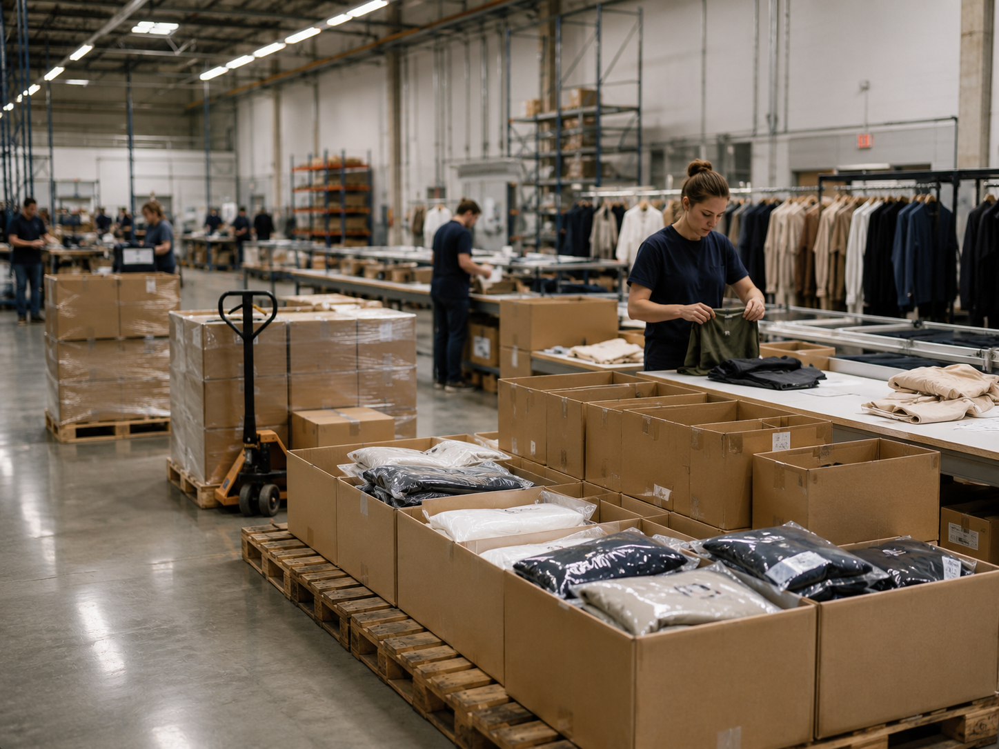 Garments being packed and prepared in a factory warehouse