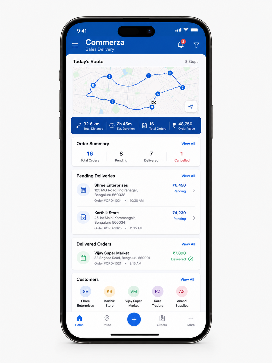 Commerza sales delivery application displayed on a phone